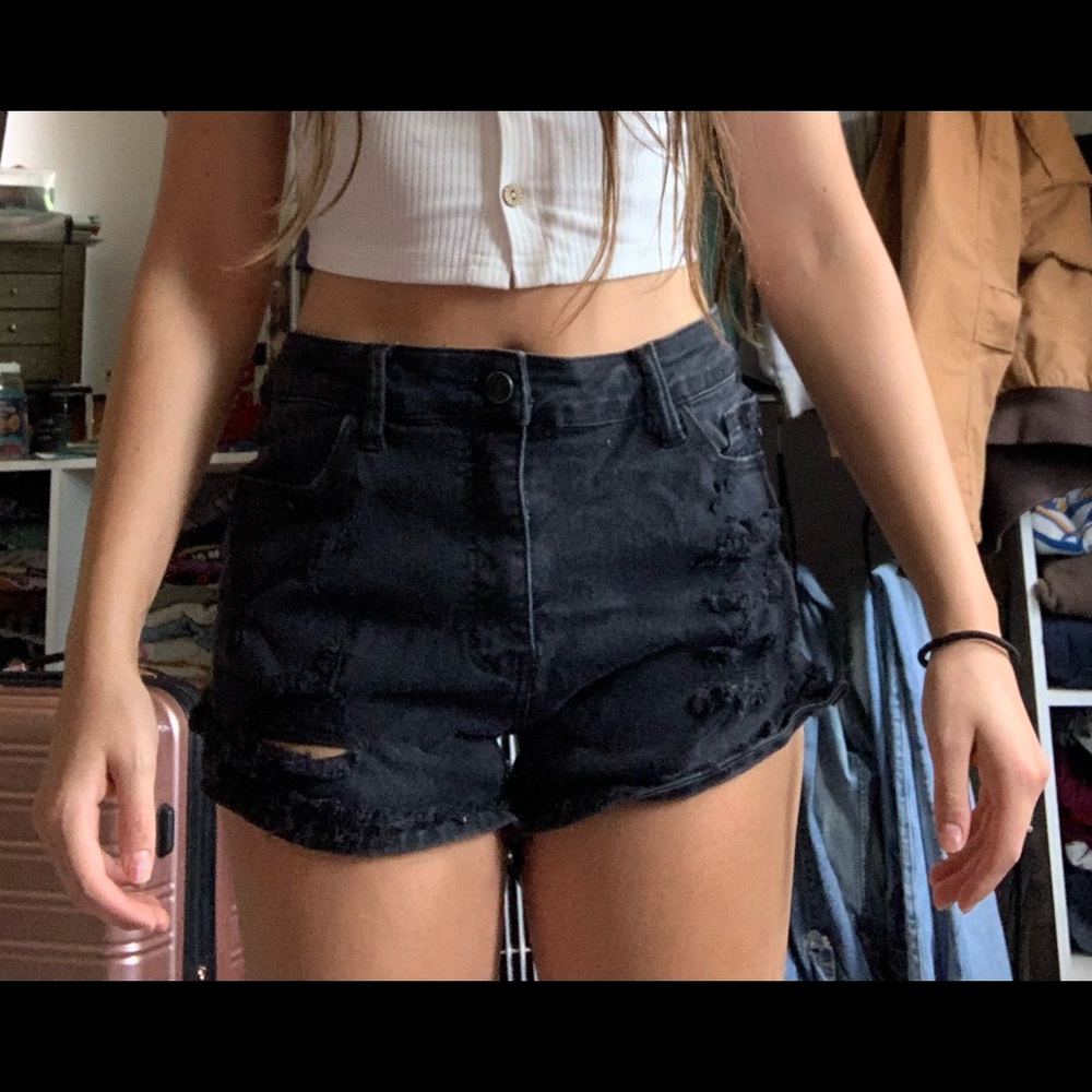 Black denim regular waist shorts